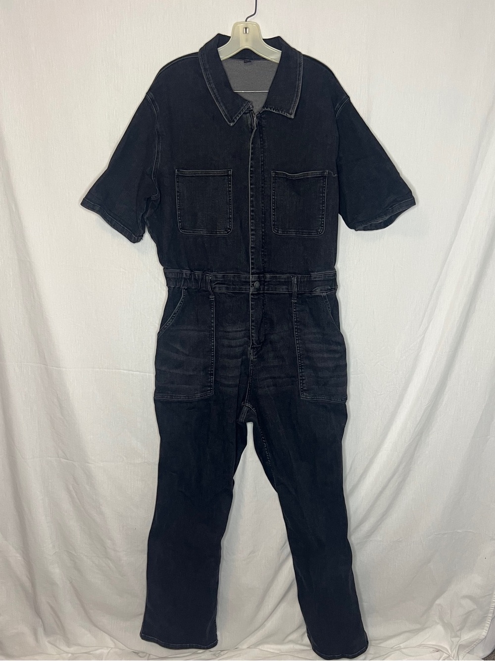 Judy Blue Black Denim Utility Jumpsuit 3XL Short Sleeve Zip Front Plus Size